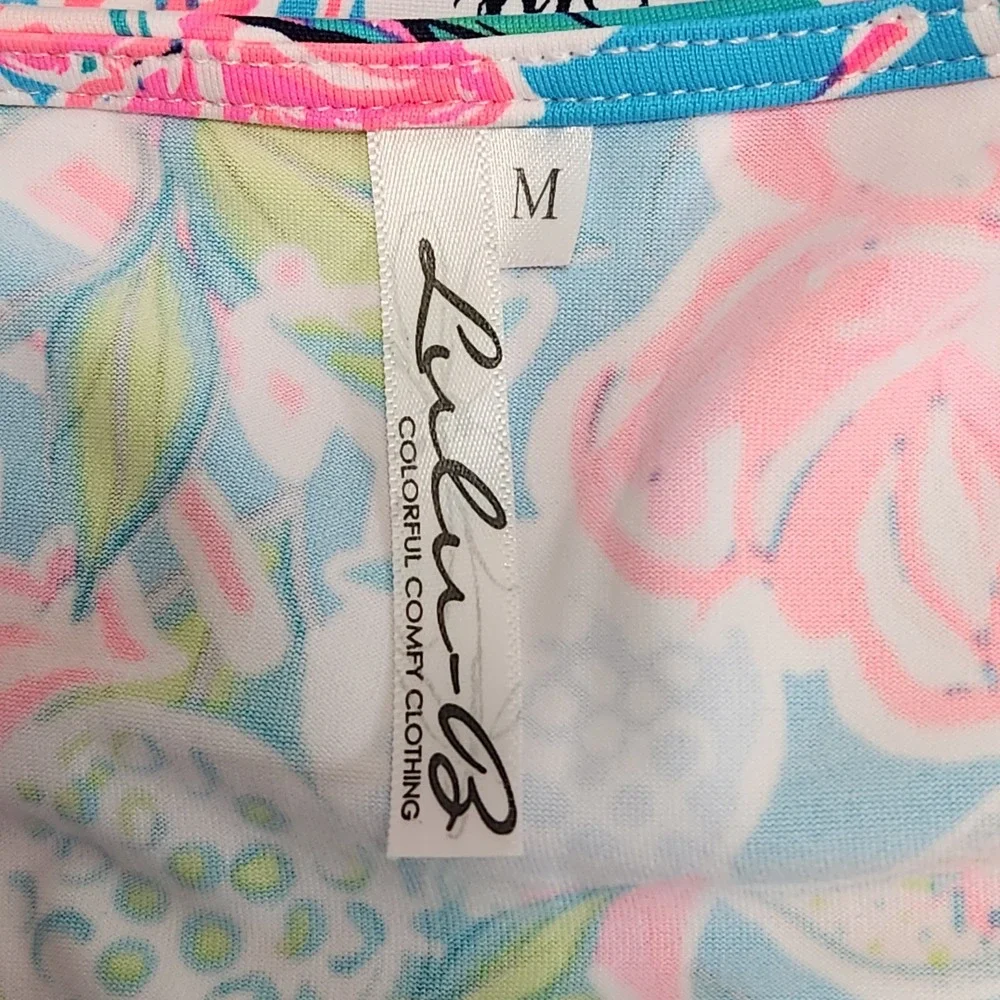 Lulu-B Womens Golf Floral V-Neck Top Blue Pink Hole In One 3/4 Sleeve Medium - Picture 7 of 10